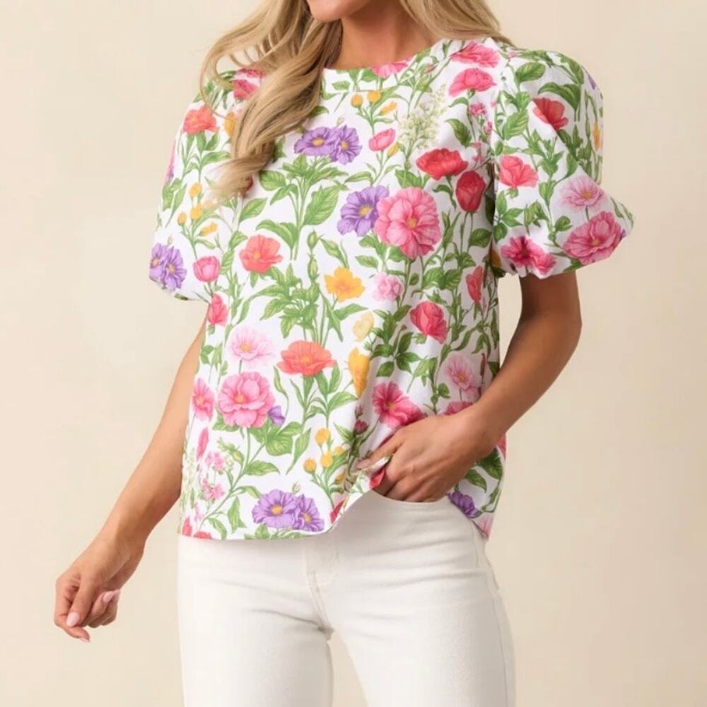 Prosperina Secret Garden Floral Cotton Puff Sleeve Top Botanical Colorful Size M